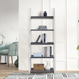 5 Tier Storage Rack Bookcase Living Room Ladder <b>Shelf</b> with Rubber Wood Frame <b>for</b> Home Office or <b>Kitchen</b> Use - Product Image 3