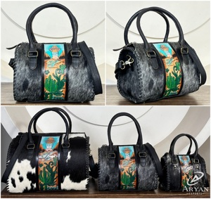 Bolsa de Viaje de Cuero Vacuno Genuino Hecha a Mano con Diseño Western, Bolsa de Fin de Semana Unisex con Patrón de Cactus del Desierto - Product Image 1