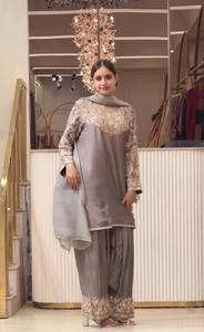 Traditional <b>Indian</b> Pakistani Women's Grey <b>Kurta</b> Set With Embroidered Dupatta Ankle-Length Rayon Casual Wear - Product Image 4