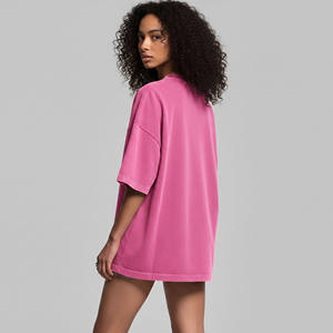 T-shirt rose ample à col rond pour femme, coupe décontractée, couleur unie, manches courtes, en jersey tricoté, respirant, printemps-été, vente en gros - Product Image 3