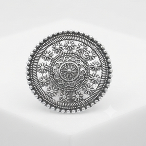 DIVYORO TRADITIONAL VINTAGE BOHO STYLE LARGE MANDALA BRASS <b>SILVER</b> <b>RING</b> with OXIDIZED <b>SILVER</b> PLATING for WOMEN - Product Image 1