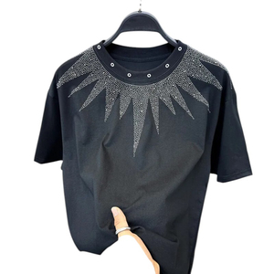 New Fashion Mens Sunburst Rhinestone T-Shirt Solid 260g 100% Cotton Luxury Sparkly <b>Crystal</b> Studded Black Shiny Short Sleeve - Product Image 1