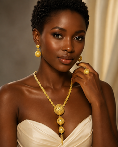 Luxury 24K Gold Plated Round Filigree Pendant <b>Necklace</b> Set for Women Dubai Style Jewelry Set with Earrings & <b>Ring</b> - Product Image 3
