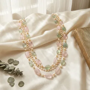 Luxury Handcrafted Rose Quartz <b>Green</b> Fluorite Cultured Pearl Multi-Row Layered Mala Necklace Pastel Crystal Beaded Jewelry - Product Image 3