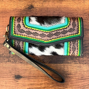 Pochette élégante Portefeuille en cuir de fourrure de vachette Multi Uses Western Leather Handled Carving Embrayages For Women's Multi Uses - Product Image 2