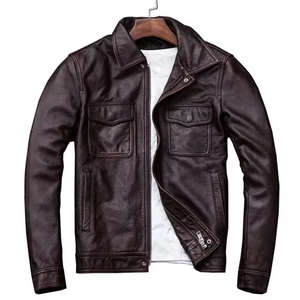 Men Genuine Leather <b>Jacket</b> Moto Biker Style Turn-down Collar Zipper Closure Autumn Solid Color Regular Fit - Product Image 1