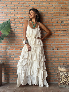 Vestido Maxi Bohemio Blanco con Volantes y Capas, Sin Mangas, Tejido, Cintura Natural, Algodón Orgánico Ecológico, para Verano, Playa y Resort - Product Image 3