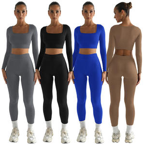Ensemble de yoga taille haute sans coutures, couleur unie, crop top, leggings longs, 3 pièces, col en V profond, sans manches, extensible en Spandex/Nylon - Product Image 1