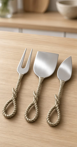 Juego de utensilios para servir queso de acero inoxidable con asas de cuerda creativas, acabado cepillado, que incluye tenedor, espátula, cuchara y juego de cuchillos para queso, apto para lavavajillas. - Product Image 6
