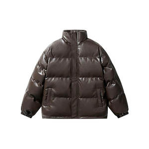 Men's Brown PU Puffer <b>Jacket</b> Stand Collar Zipper Closure Quilted Windproof Thick Winter Coat Casual Loose Fit - Product Image 1
