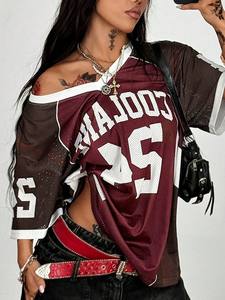 Camisetas de malla extragrandes para mujer, estilo Y2K, color borgoña, con gráfico de número en contraste, personalizadas, OEM, al por mayor, tipo jersey de fútbol americano. - Product Image 2