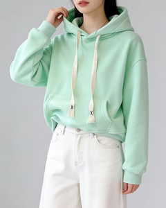 Women's Light Blue Eco-Friendly Fleece Hooded Sweatshirt Solid Color Polyester/Cotton Blend Knitted Casual Pullover Front Pocket - Product Image 4