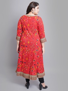 Red Bandhej <b>Print</b> Rayon Anarkali Kurti With Round Neck And Three Quarter Sleeves For Plus Size Women's Fashion - Product Image 2