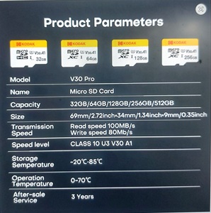 Carte mémoire Micro TF KODAK 16 Go 32 Go 64 Go 128 Go 256 Go U3 V30 4K Full HD pour téléphone/caméra de sécurité/caméra embarquée - Product Image 6