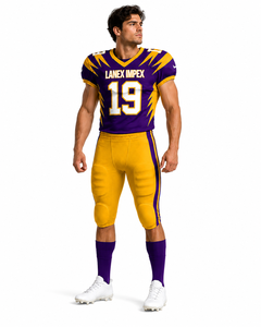 Uniforme de Fútbol Americano para Hombre, Diseño de Primera Calidad, Color Morado y Amarillo, Sublimado, Conjunto de Jersey y Pantalones, Número 19, Poliéster Transpirable - Product Image 1