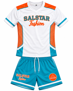 Ensemble short et maillot col en V pour homme, blanc, orange et turquoise, respirant, color block, tenue de sport d'été, uniforme de rugby, nom des sponsors de l'équipe, nom du club - Product Image 3
