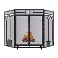 Paravent de cheminée en fer forgé 32"x48" avec portes et ensemble d'outils, grille de protection anti-étincelles pliable à 3 panneaux en métal pour foyer