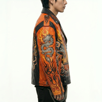 Blouson en cuir orange pour homme, motif Sun Wukong sérigraphié, fermeture éclair, vêtement de moto, streetwear, vente en gros