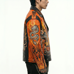 Blouson en cuir orange personnalisé pour homme, motif graphique Sun Wukong, veste de moto, streetwear Roi Singe, vente en gros - Product Image 3
