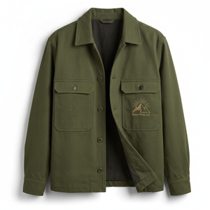 Chemise-veste de travail en toile olive pour homme avec logo brodé et poches poitrine, col rabattu, coupe classique, style automne - Product Image 1