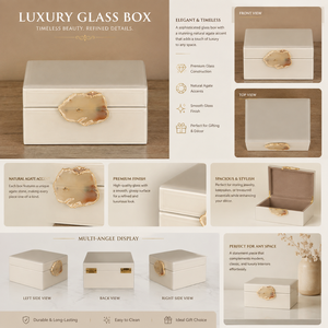 Boîte de rangement pour bijoux en verre ivoire perlé avec accent en agate naturelle, finition lisse et brillante, intérieur spacieux, objet décoratif de collection - Product Image 1