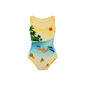 Combinaison perlée avec broderie représentant des animaux marins et bretelles au dos, décolleté en V, tissu coton/spandex, maillot de bain une pièce de haute qualité pour femmes - Product Image 4