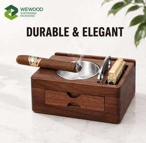 Premium Solid Walnut Wood Cigar Ashtray Organizer with Phone Tablet Holder Drawer <b>Lighter</b> Slot & Cigar Cutter Holder - Product Image 4