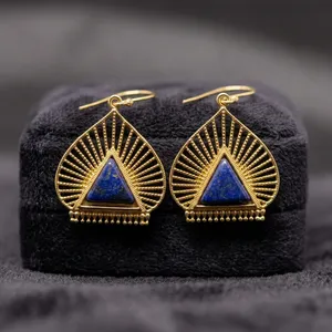 Natural Lapis Lazuli Brass <b>Earrings</b> | Handmade Gemstone <b>Earrings</b> | 18K Gold Plated Brass <b>Earrings</b> | Wholesale Jewelry - Product Image 3