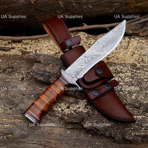 Couteau de chasse à lame fixe en acier Damas de qualité industrielle OEM, ultra-affûté, à pointe clip, avec manche en cuir, pour l'extérieur - Product Image 5