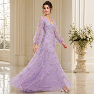Vestidos de noche de lujo con bordado de lavanda, diseño de mariposa, manga larga, vestido de tul natural |   Ropa Elegante para Fiestas, OEM Privado - Product Image 3