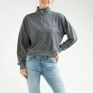 Sweat-shirt gris à col montant et fermeture éclair pour femme, manches longues, en mélange de coton tricoté, couleur unie, respirant, vente en gros, fabricant OEM - Product Image 2