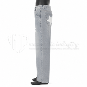 Jeans de Mezclilla de Pierna Recta para Hombre, Cintura Media, Lavado Claro, Estilo Casual de Algodón con Parche de Estrella Blanca en el Bolsillo Trasero, para Usar en Verano - Product Image 5