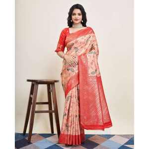 TRENDING KANJIVARAM <b>SILK</b> JACQUARD WORK SAREE WITH UNSTICTHED BLOUSE <b>RED</b> - Product Image 1