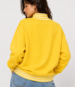 Sweat-shirt à col roulé pour femme, personnalisé OEM, en coton respirant, patchwork à pois et carreaux, grande taille, décontracté - Product Image 4