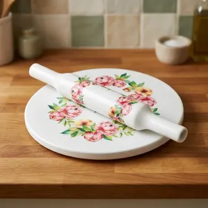 Marble Chakla Belan Set with Floral Design Multicolor Printed <b>Rolling</b> Board and <b>Wooden</b> <b>Rolling</b> <b>Pin</b> Classical Indian Kitchen Roti - Product Image 5