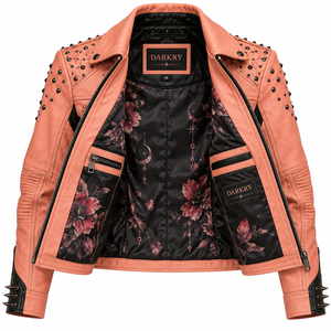 Peach Pink Leather Jacket Womens Floral Gothic Print <b>Studded</b> Shoulder Lapel Collar Zip Pocket Biker Coat Bespoke Manufacturer - Product Image 5