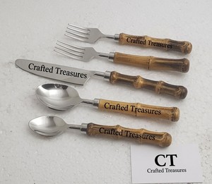 Juego de cubiertos de bambú estilo vintage de 5 piezas con cubiertos de acero inoxidable 18/8 para catering, bodas y cenas. - Product Image 3