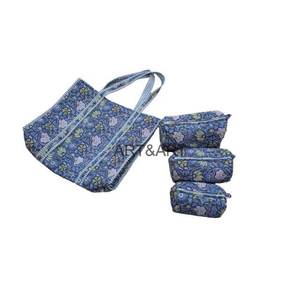 Nuevo conjunto de 3 bolsas de cosméticos acolchadas de algodón con estampado floral, estilo vintage, duraderas, ecológicas y hechas a mano en India, y bolsa de playa. - Product Image 6