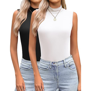 Body blanc sans manches à col roulé pour femme, coupe ajustée, extensible, élégant, en Spandex/Polyester, brodé, décontracté, basique, été - Product Image 1