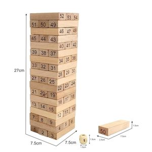 Tour de blocs empilables en bois, 54 pièces numérotées, en pin naturel, hauteur 27 cm, base 7,5 cm, fournitures pour fêtes - Product Image 1