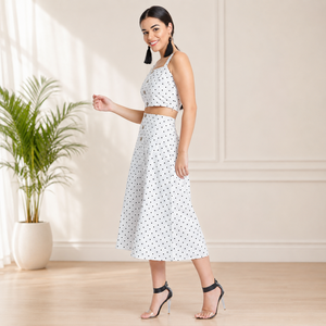 Custom Women's <b>White</b> Polka Dot Sleeveless Crop Top Midi Skirt <b>Set</b> Summer Casual Two <b>Piece</b> Outfit OEM ODM Wholesale Manufacturer - Product Image 2