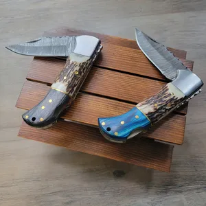 Damascus Steel Folding Hunting <b>Knife</b> Clip Point Blade Serrated Edge Elk Horn Wood <b>Handle</b> Leather Sheath Industrial Grade <b>Knife</b> - Product Image 4