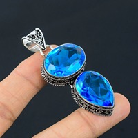 Pendentif en topaze bleue, fait main, en argent sterling, ovale, pierre précieuse en forme de poire, bijoux bohèmes