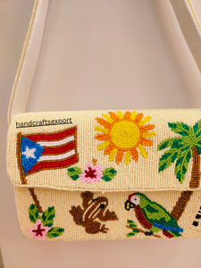 Bolso de Hombro Artesanal, Resistente, Ligero y Ecológico, con Cuentas, Diseño de la Bandera de Puerto Rico, Palmera, Loro y Sol, a la Moda - Product Image 4