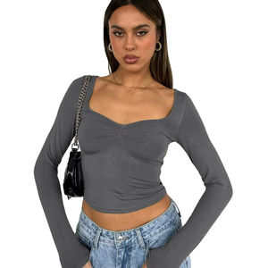 Camisetas de Manga Larga con Cuello Cuadrado y Logotipo Personalizado para Mujer, Top Corto Moderno de Alta Calidad para Damas - Product Image 3