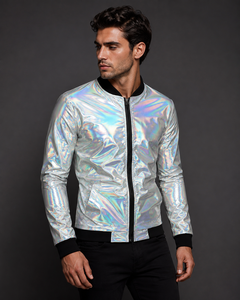 Wholesale Custom <b>Mens</b> Bomber <b>Jacket</b> Shiny Rainbow Front Glitter Print Zip Front Stand Collar Autumn <b>Jacket</b> Windproof <b>Canvas</b> OEM - Product Image 4
