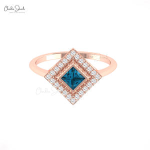 แหวนทองคำแท้ 14k ประดับเพชร G-H ทรงสี่เหลี่ยม 4 มม. ประดับพลอยโทแพซสีน้ำเงินลอนดอน สำหรับงานปาร์ตี้ ราคาพิเศษ - Product Image 4