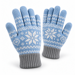 Guantes de Invierno Tejidos con Patrón de Copos de Nieve Azules y Blancos, Puño Gris, Resistentes al Frío, Lavables a Máquina, Material Acrílico - Product Image 4