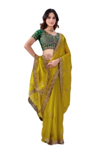 Sari indien traditionnel en soie de chiffon RN, vert, avec blouse brodée et dupatta jaune, pour mariage et fêtes, longueur standard pour femme - Product Image 5
