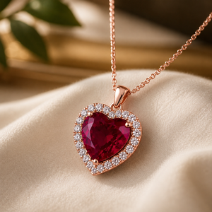 Heart Shape <b>Ruby</b> Gemstone Pendant 18K Rose Gold Plated Charm <b>Necklace</b> Halo Moissanite Valentine Day Gift - Product Image 2